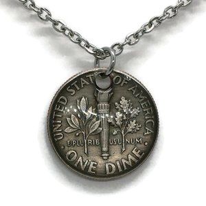 US Dime Coin Cabochon Necklace Domed Resin Handmade Unisex 18" Stainless Steel